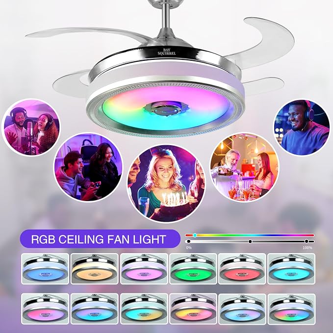 BAYSQUIRREL Retractable Bluetooth Ceiling Fan with Light and Speaker, Flush Mount Ceiling Fans,RGB-LED 6 Speed Reversible Modern Invisible Ceiling Fans,Remote and APP Control