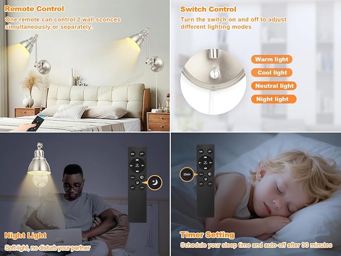 GOODATE 1 Pack Plug in Wall Sconce with Remote Control, Dimming, Adjustable Colors 2700K-6500K, Plug in Wall Light, Swing Arm Wall Lamp with Night Light & Timer, LED Bulb Included, Brushed Nickel