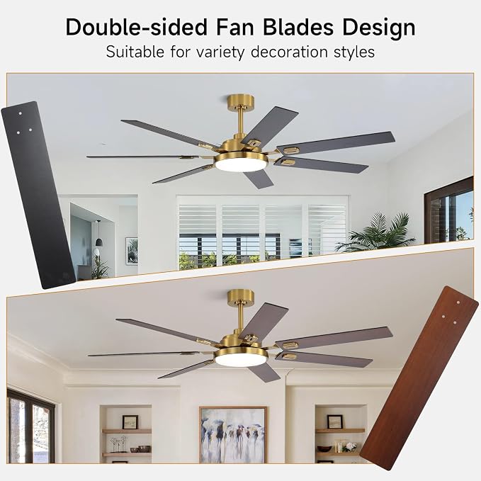 64 Inch Ceiling Fans with Lights and Remote, Bedroom Living Room Office Library Cafe Outdoor Industrial, 5CCT Dimmable, Dual Color 7 Blades, 6 Speed Reversible Quiet DC Motor, Gold/Wood Grain