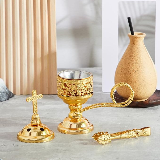 Zonon 2 Sets Incense Burner with Tong, Frankincense Charcoal Incense Stand Holder, Ideal for Yoga, Spa, Aromatherapy, Home and Christian Church Censer (Gold,Classic)