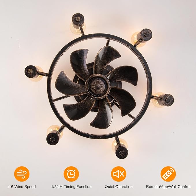 Garwarm Ceiling Fans with Lights and Remote, 20 Inch Low Profile Flush Mount Ceiling Fan with Light, Farmhouse Rustic Industrial Fan Lights Ceiling Fixtures for Bedroom,Kitchen(6 Speed,Timing)-Bronze