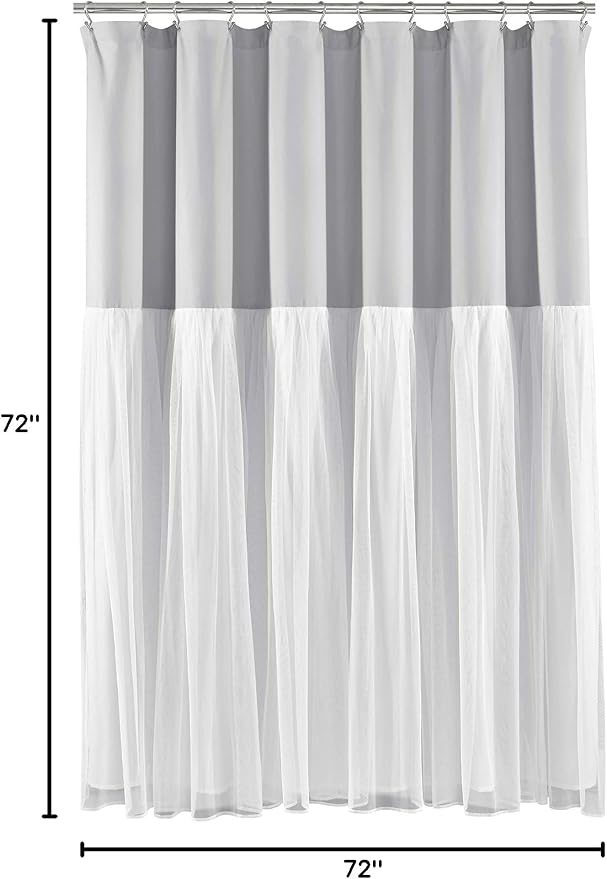Lush Decor Tulle Skirt Colorblock Shower Curtain Single 72" W x 72" L Light Gray & White - Fabric Shower Curtains for Bathroom - Cute Bathroom Curtain