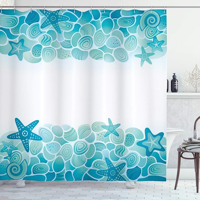 Ambesonne Ocean Shower Curtain, Modern Sealife Marine Sea Shells Stars Fish Under The Sea Image, Cloth Fabric Bathroom Decor Set with Hooks, 69" W x 84" L, Turquoise Seafoam