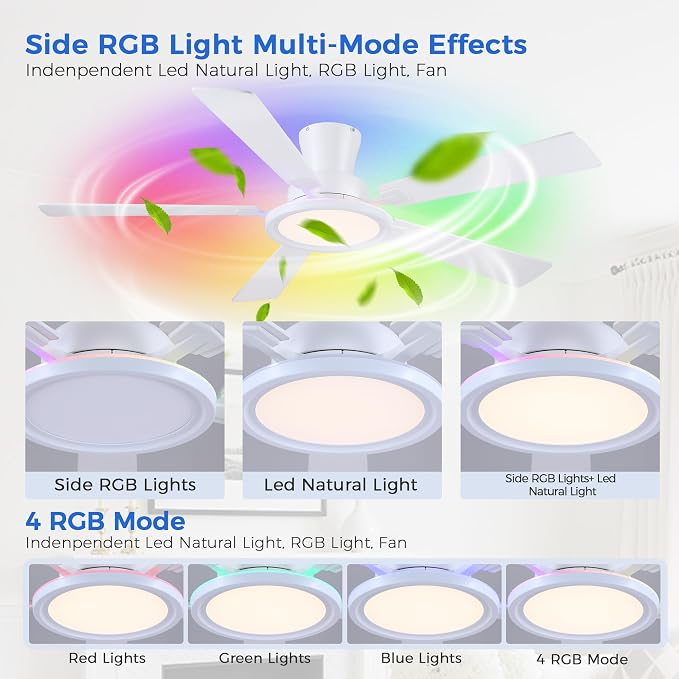 Ayaoty Ceiling Fans with Lights - 52in Flush Mount Ceiling Fan with RGB Dimmable, 3CCT 6 Wind Speeds and Reversible Quiet Motor, Low Profile RGB Fan Light for Modern Indoor, Party - White