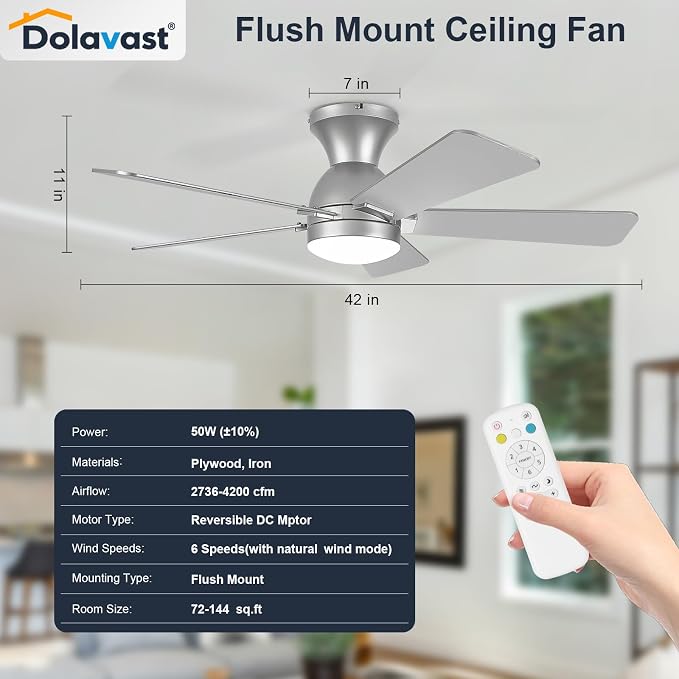 Ceiling Fans with Lights, 42 Inch Low Profile Ceiling Fan with Light and Remote Control, Flush Mount, Reversible, 3CCT, Dimmable LED, Quiet, Nickel Ceiling Fan for Bedroom, Kitchen