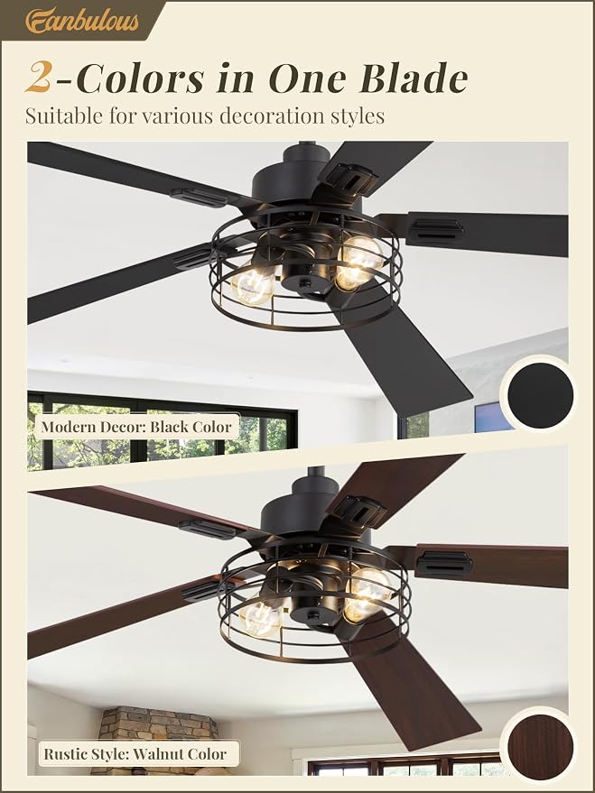 Fanbulous 1 Pack Farmhouse 60 Inch Ceiling Fans with Lights, Black Industrial Caged Ceiling Fans for Bedroom Living Room, Double-Sided 5 Blades Rustic Ceiling Fan-Black