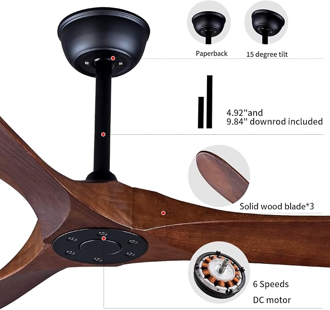 Bigzone 70" Large Ceiling Fan No Light with Remote,3 Blades Dark Brown Solid Wood Big Ceing Fan without Light with Quiet Reversible DC Motor 6-Speeds for Living Room/Dining Room/Garage/Indoor/Outdoor | 6 Speeds Available, Noiseless, fit for Flat/Sloped...