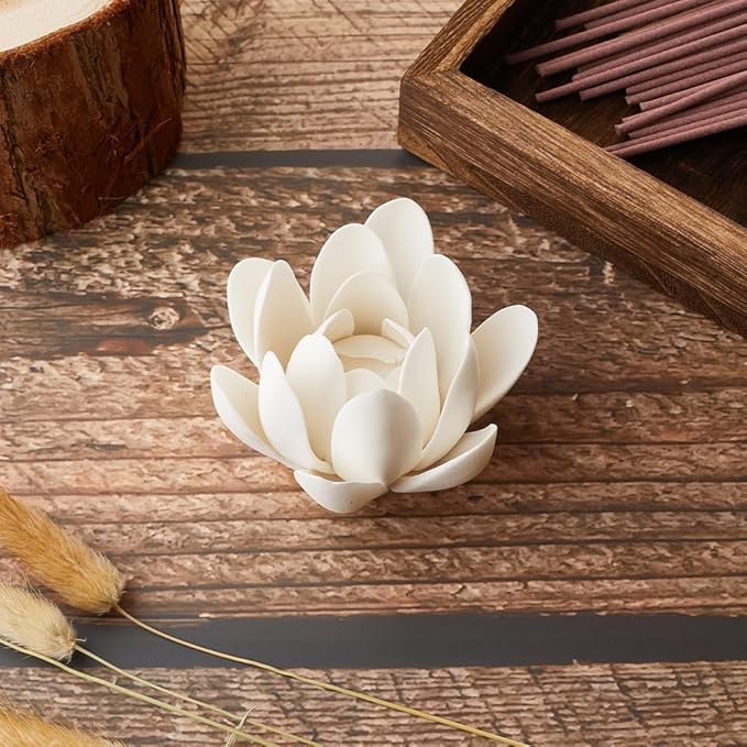 GORGECRAFT Ceramic White Lotus Incense Burner Flower Cone Incense Sticks Holder Handmade Porcelain Petals Style Coil Base Support Stand for Yoga Studio Living Room Home Fragrance Decoration