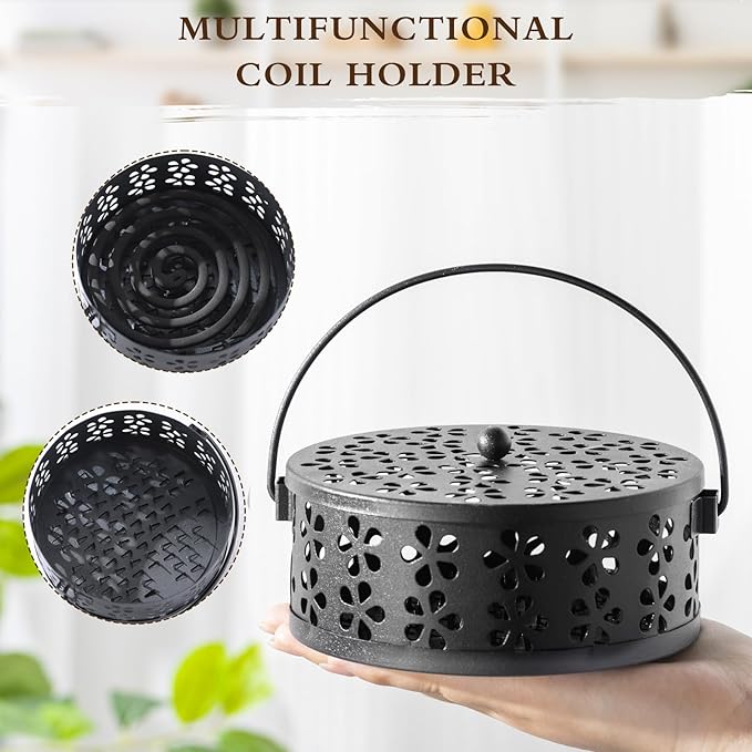 Lallisa 2 Pieces Mosquito Coil Holder Incense Coil Holder Retro Portable Round Metal Hanging Incense Burner Holders with Handle for Home Indoor Outdoor Camping Patio (Black)