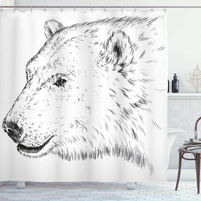 Ambesonne Animal Shower Curtain, Polar Bear Profile Engraved Ink Drawing Grizzly Furry Wildlife in North Zoo, Cloth Fabric Bathroom Decor Set with Hooks, 69" W x 84" L, Charcoal Grey White