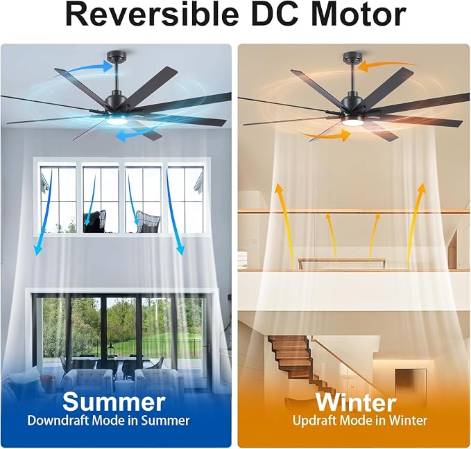 Rayqueen 72 Inch Black Ceiling Fans with Lights and Remote,Includes Downrod | Black Blades,6 Speed Reversible DC motor,3-color temperature dimmable LED.5.9/11.8/23.6 inch downrod