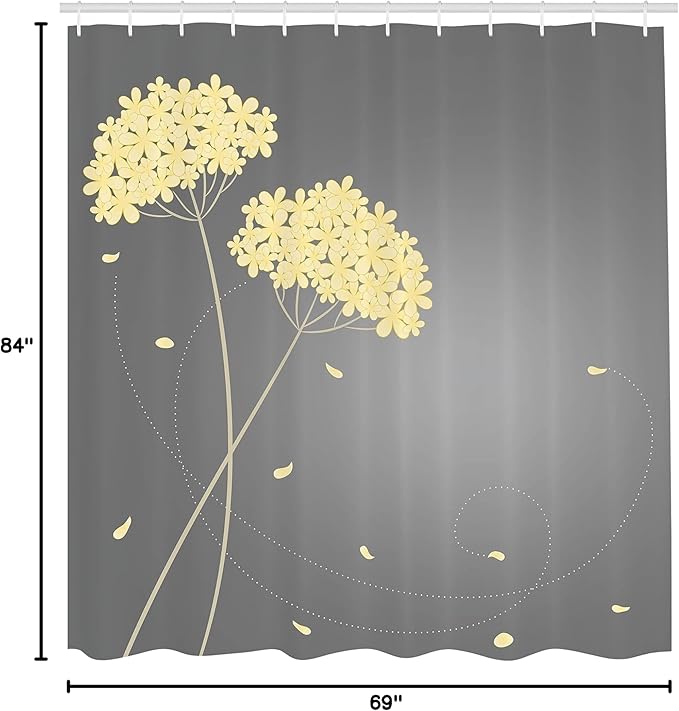 Ambesonne Allium Flower Shower Curtain, Floral Design with Swirl Lines Falling Leaves Autumn Inspired, Cloth Fabric Bathroom Decor Set with Hooks, 69" W x 84" L, Pastel Yellow