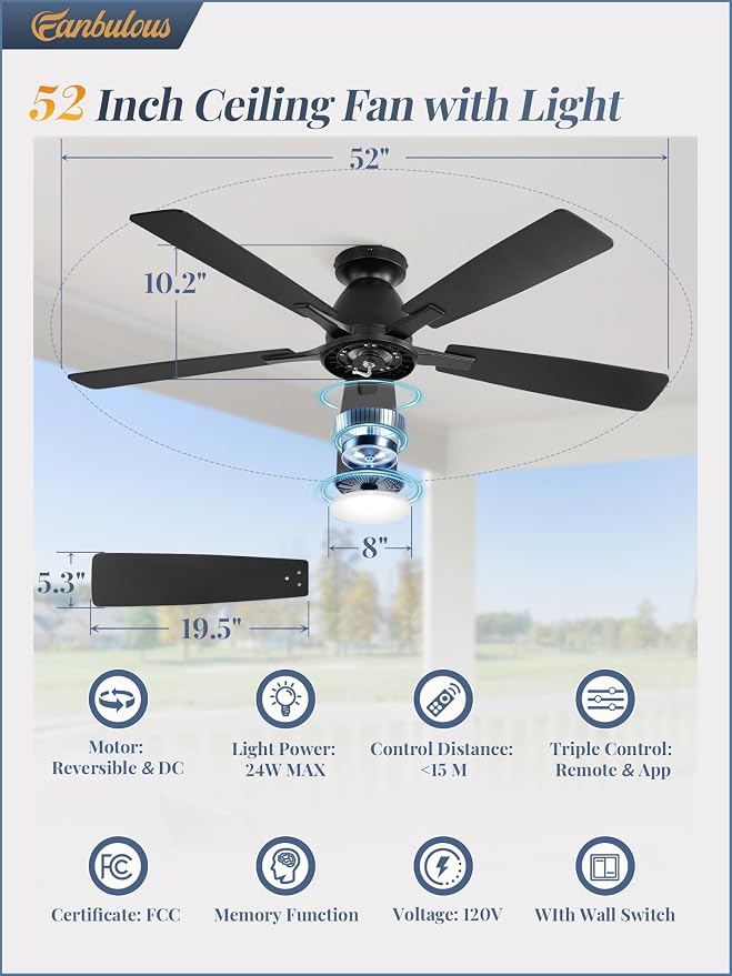 Fanbulous 52 Inch Flush Mount Ceiling Fan with Light, Remote & App, Black | 3CCT 20W LED, 6-Speed Quiet Reversible Motor, Modern Low Profile Flush Mount, Ideal for Bedroom/Living Room/Kitchen.