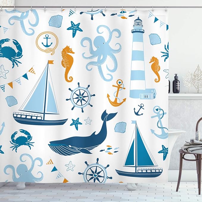 Ambesonne Nautical Shower Curtain, Pastel Colored Composition of Lighthouse Sailboat Fish Shells Octopus, Cloth Fabric Bathroom Decor Set with Hooks, 69" W x 84" L, Blue Orange