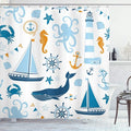 Ambesonne Nautical Shower Curtain, Pastel Colored Composition of Lighthouse Sailboat Fish Shells Octopus, Cloth Fabric Bathroom Decor Set with Hooks, 69" W x 84" L, Blue Orange