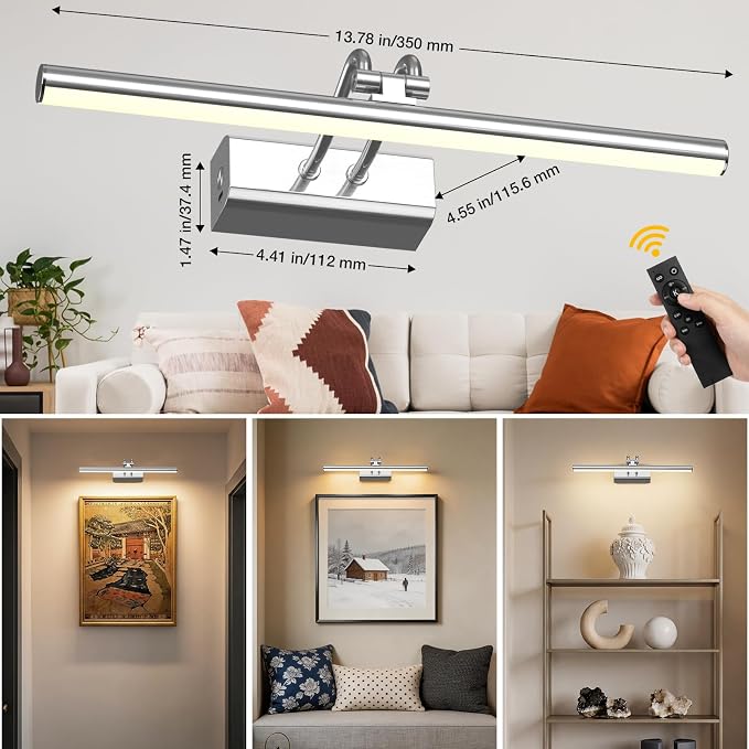 Picture Light for Wall, Platinum Silver, Battery Operated