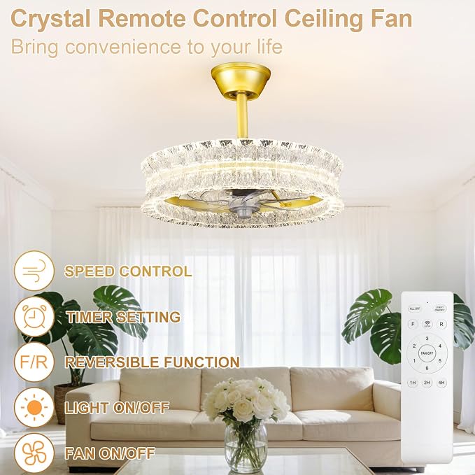 Depuley Crystal Ceiling Fans with Lights: 20" Gold Cagd Fan with Remote Control - Fandelier Fan Light for Girl's Bedroom Living Room Nursery