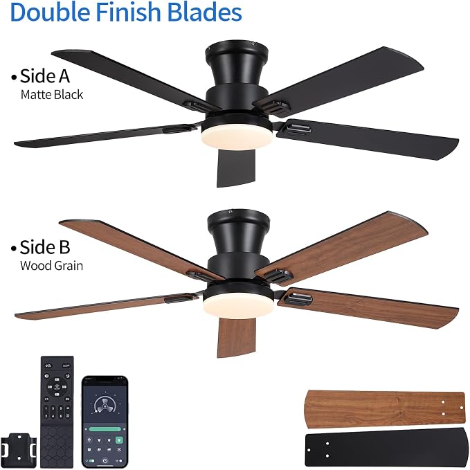 NKPU 52" Ceiling Fans with Lights, Low Profile Ceiling Fan with Light and Remote/APP Control, 6 Speed, Dimmable, Safe Quiet DC Motor, Brown Flush Mount Ceiling Fan for Bedroom Indoor/Outdoor Use