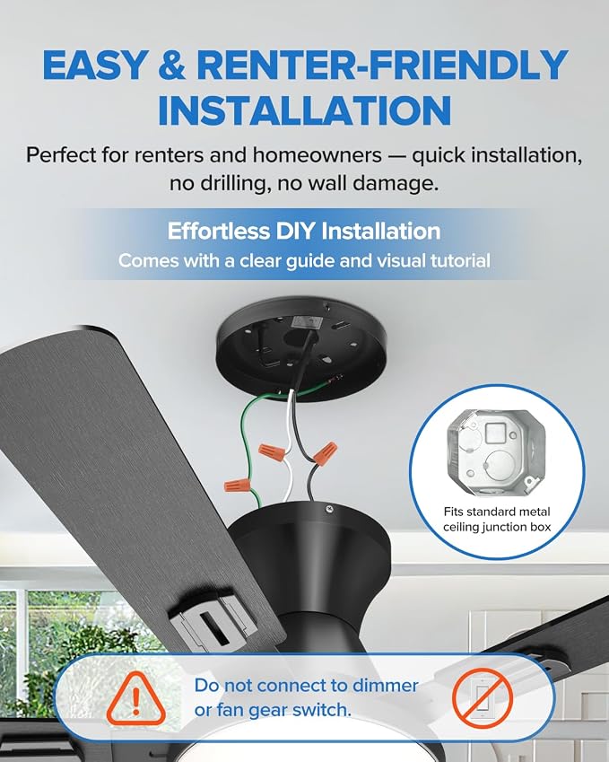 UME 52" Ceiling Fan with Lights & Remote, 6 Blades Low Profile Ceiling Fan, Quiet DC Motor, Natural Wind, 6 Speeds, 3CCT Dimmable 20W LED Modern Ceiling Fan for Bedroom, Living Room, Black