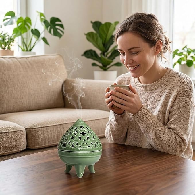 Mini Ceramic Incense Burner - Chinese Classic Plum Green Celadon Glaze, Fragrance Cone & Stick Holder Palo Santo/Sage/Herb Burner for Meditation, Yoga, Desk Decor, Zen Relaxation Gift (Cloud-B)