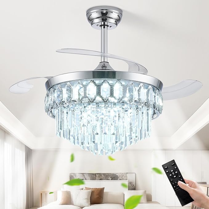 FIDGRA 48 Inch Fandelier Ceiling Fan with Light, Retractable Ceiling Fan with Lights Chandelier Fan for Bedroom, Living Room, 3 Color Temperature, 6 Wind Speed-Chrome