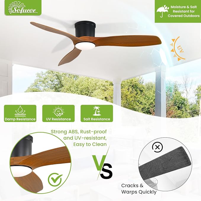 Sofucor 52 Inch Low Profile Ceiling Fans with Lights, Modern Flush Mount Ceiling Fan with 3 Plastic Blades, 6500CFM, Dimmable 6-Speed 3-Timer Reversible DC Motor for Bedroom Living Room, ETL, Brown