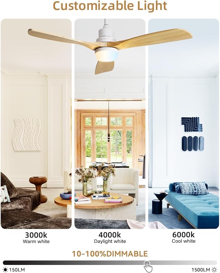 Sofucor 52 Inch Smart Ceiling Fans with Lights and Alexa/APP/Remote Control-Modern Solid Wood Outdoor 3 Blades Ceiling Fan for Indoor/Bedroom/Living Room/Kitchen/Patio, Natural Wood