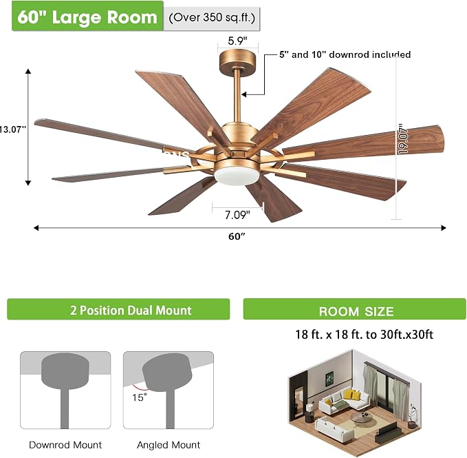 60 inch Gold Ceiling Fan, Indoor & Outdoor Large Ceiling Fans with Lights and Remote, 8 Blades, Quiet DC Motor, High Ceiling Fan for Kitchen Living Room Garage, 3 CCT, 6 Speed, Timer