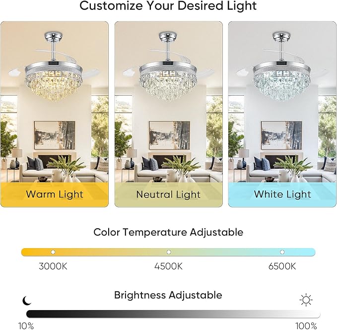 42 Inch Fandelier Ceiling Fan with Light, Chandelier Ceiling Fans with Lights, Crystal Ceiling Fans for Bedroom Living Room, LED Dimmable, 6 Wind Speed,3 Color Temperatures-Chrome