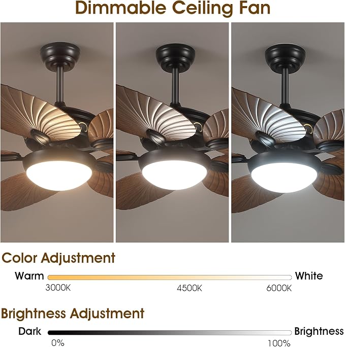 Wiviniya 52 Inch Tropical Ceiling Fans with Lights, Palm Leaf Outdoor Ceiling Fan with Light for Patios Porch Bedroom, Remote/APP Control, Reversible Quiet DC Motor, Dimmable LED, Brown