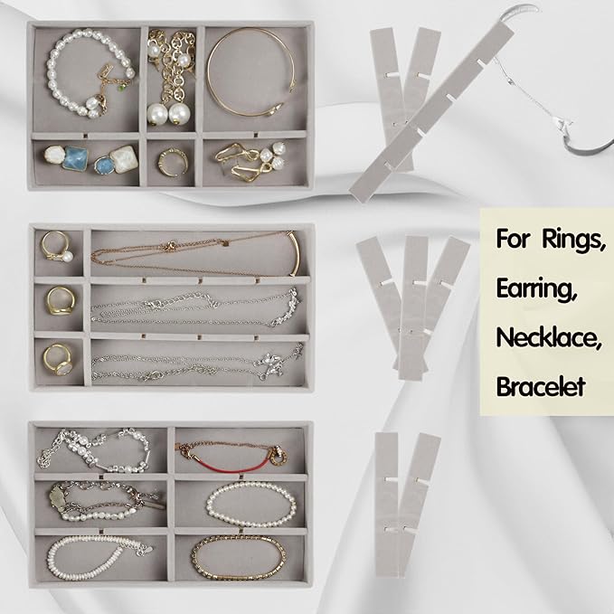 Set of 8 Stackable Jewelry Organizer Trays with 1 Lid for Drawer & Dresser Organizer, Adjustable Velvet Jewelry Box Tray Earring Organizer Necklace Storage Ring Bracelet Display Case (Gray)
