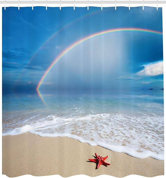 Ambesonne Starfish Shower Curtain, Rainbow Over The Sea Clouds and Clear Sky Foamy Ocean Waves on The Sandy Beach, Cloth Fabric Bathroom Decor Set with Hooks, 69" W x 84" L, Azure Blue Tan