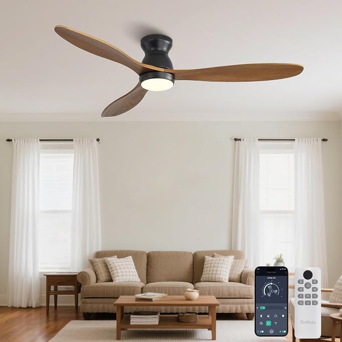 52 Inch Ceiling Fan with Light and Remote & APP Control, 3 Wooden Blades, 6 Wind Speeds, Quiet DC Motor, Indoor Flush Mount Ceiling Fan for Bedroom Living Room Farmhouse Patio