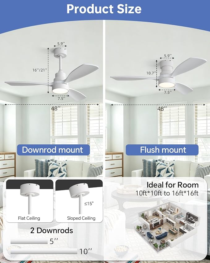 Sofucor 48 Inch Smart Ceiling Fans with Lights for APP/Remote/Voice Control | Flush&Downrod Mount, White Wood Blade,1/4/8 H Timer, 3CCT Dimmable 6 Speed, Quiet DC Motor, Outdoor Bedroom/Living Room/Patio