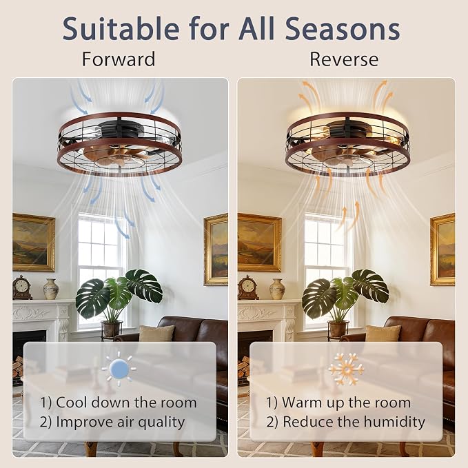 VOLISUN Farmhouse Caged Ceiling Fans with Lights Flush Mount, 19.7'' Rustic Low Profile Ceiling Fan with Light and Remote, Bladeless Fandelier Ceiling Fans with Lights for Kitchen, Bedroom(Wood)