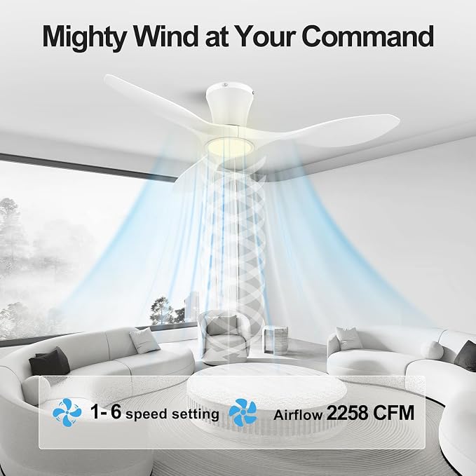 ocioc 42 inch Ceiling Fans with Lights and Remote, Dimmable Ceiling Fans with Reversible Quiet DC Motor, Flush Mount, 3CCT, White Ceiling Fan for Bedroom Living Room Indoor/Outdoor