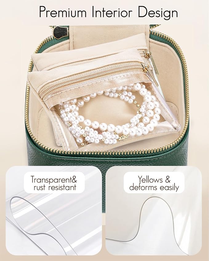 VLANDO Jewelry Travel Case,Travel Jewelry Organizer with Clear Velvet Jewelry Bags 6Pcs Zipper Pouch for Women Girl Christmas Wedding Gift-Green