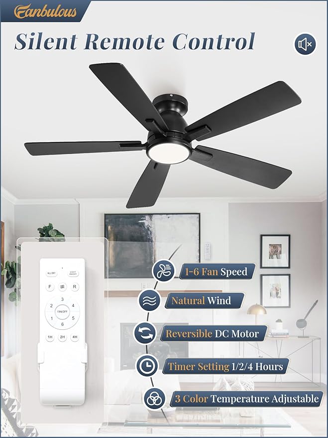 Fanbulous 46 Inch Flush Mount Ceiling Fan with Light and Remote, Black | 3CCT 20W LED, 6-Speed Quiet Reversible Motor, Modern Low Profile Flush Mount, Ideal for Bedroom/Living Room/Kitchen.