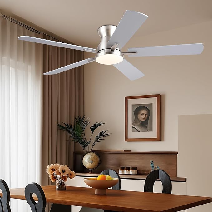 Ayaoty Ceiling Fans with Lights,52 Inch Low Profile Ceiling Fan with Light and Remote/APP Control-Flush Mount Dimmable, Quiet DC Motor for Outdoor Patio,Garage,Bedroom Nickel