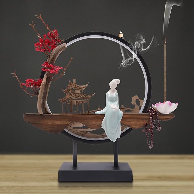 TFCFL Backflow Incense Holder with LED Light Ring, Chinese Style Handmade Flower Censer Incense Burner Home Decor Aromatherapy Ornament Incense Holders with Backflow, USB Cable (Red Plum)