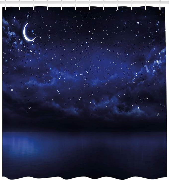 Ambesonne Night Sky Shower Curtain, Starry Cartoon Design Sky with Lunar Moon and Stars Clouds Sea Scenery, Cloth Fabric Bathroom Decor Set with Hooks, 69" W x 84" L, Dark Blue and White