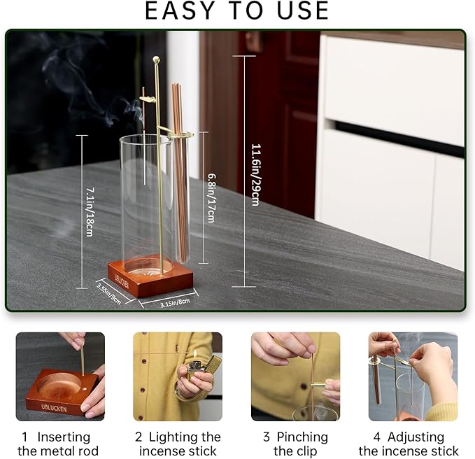 Incense Holder for Sticks, Anti-Ash Flying Incense Burner with Brush & 20 Incense Stick, Detachable Glass Ash Catcher & Storage Tube, Upside Down Incense Holders for Yoga Spa Home Decor