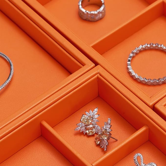 Oirlv Orange Leather Jewelry Organizer 24-Grid | Orange Pu Leather Exterior, Soft Microfiber Interior, Removable Dividers, Elegant Color for Display