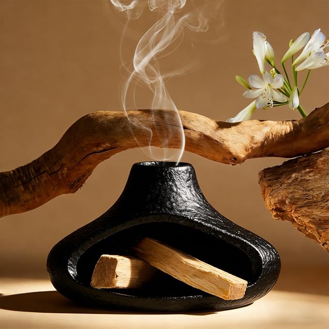 Ceramic Palo Santo Holder with Mini Chimney, Ash Catcher Incense Holder for Palo Santo Sticks, Sage Bundles, Incense Cones, Fireplace Style Smudge Bowl for Meditation, Yoga Home Decor(Black)