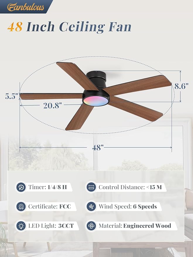 48 Inch Ceiling Fans with Lights and Remote,Outdoor Indoor Modern Flush Mount Ceiling Fan with 3CCT 6-Speed Quiet DC Motor,Small Low Profile Ceiling Fan for Bedroom Living Room Office（Black RGB)