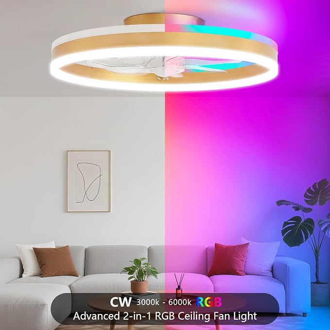 STERREN RGB Ceiling Fan with Light, 20'' Low Profile Ceiling Fans with Remote Control, Smart Gold Flush Mount LED Fan Light, Modern Bladeless Fandelier for Bedroom, Living Room, Kitchen