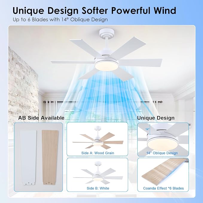 42 inch Ceiling Fans with Lights, Ceiling Fan with Remote APP, Dual-Sided Modern/Rustic 6 Blades, Reversible, 3CCT, Sloped Flush Mount Low Profile Ceiling Fan with Lights Bedroom Kitchen Indoor White