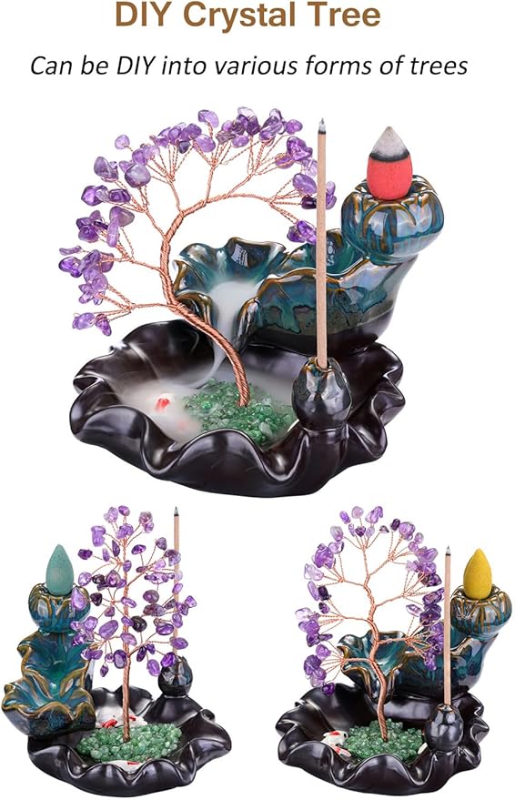 Jovivi Backflow Incense Burner Ceramic Incense Waterfall, Natural Amethyst Healing Crystal Money Tree Incense Holder for Wealth, Good Luck, Yoga Meditation, Home Decor