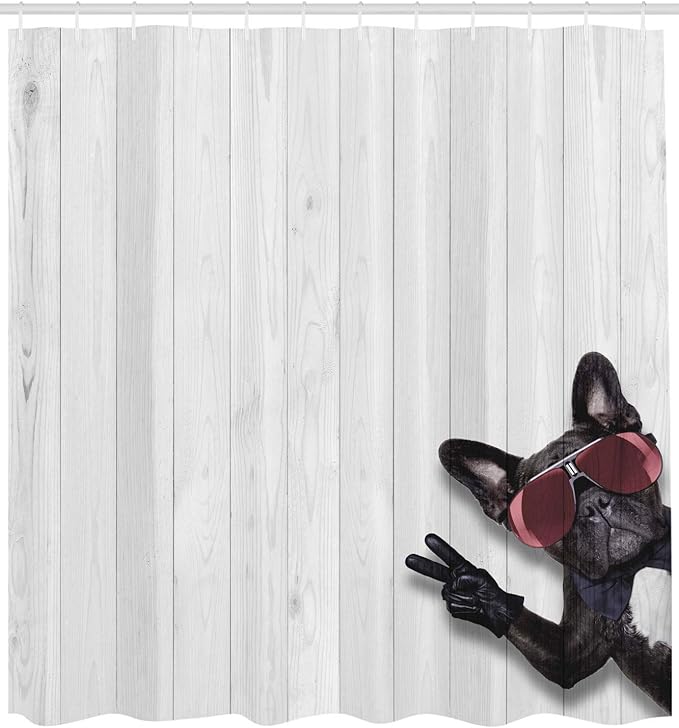 Ambesonne Animal Shower Curtain, Cool Husky Dog with Sunglasses Making Peace Sign with Its Paws Art Print, Cloth Fabric Bathroom Decor Set with Hooks, 69" W x 75" L, Pale Grey Black