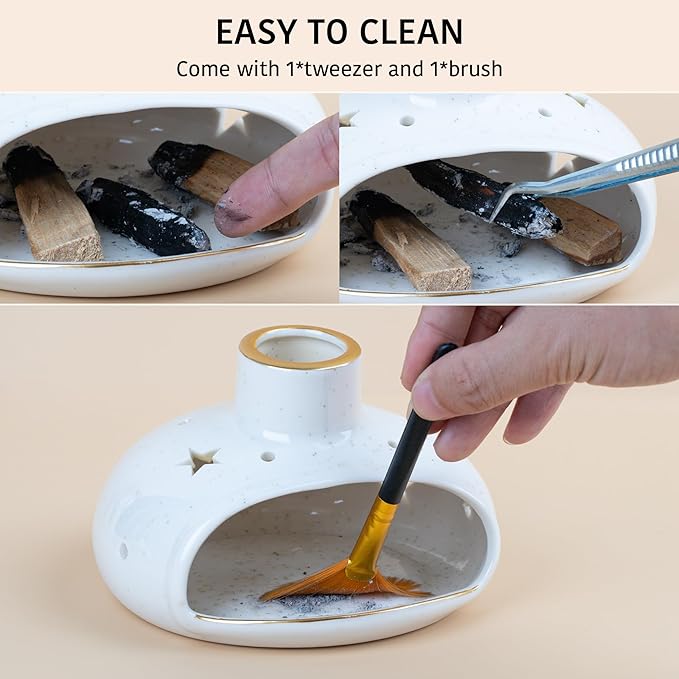 ZenBless 3 in 1 Incense Holder for Palo Santo Sticks Sage Incense, Handcrafted Ceramic Incense Burner Holder Ash Catcher with Chimney, Smudge Bowl for Yoga Meditation Room Home Decor